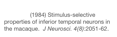 Desimone R, Albright TD, Gross CG, Bruce C.  (1984) Stimulus-selective properties of inferior temporal neurons in the macaque.  J Neurosci. 4(8):2051-62.